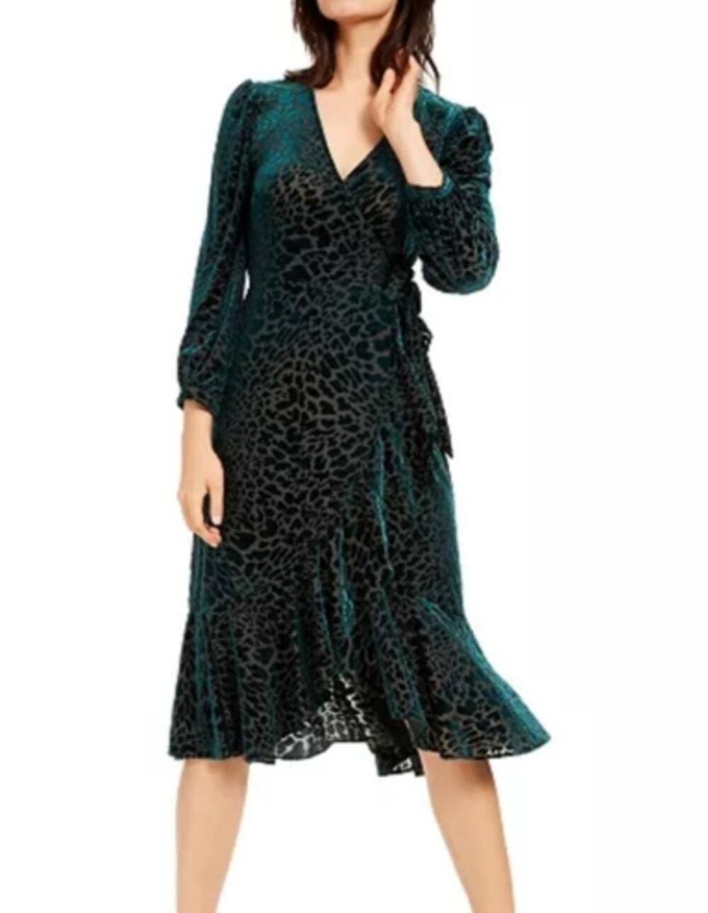 Calvin Klein Green Velvet Burnout Midi Dress 14 Leopard Animal Long Sleeve